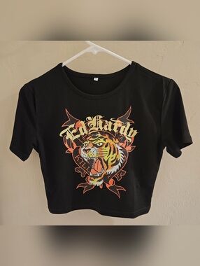 Ed Hardy Y2K Crop Top Womens Black Short Sleeve Tiger Goth Medium